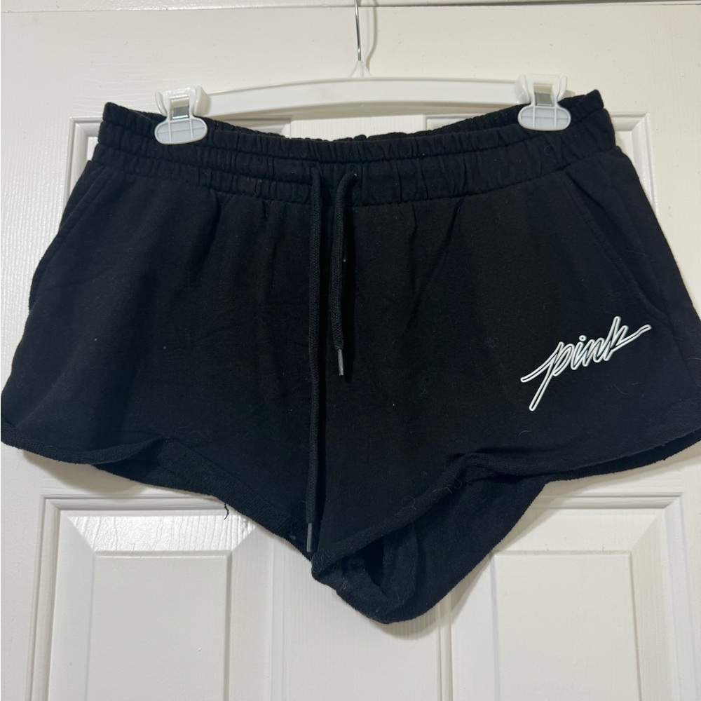 PINK Victoria's Secret Black Athletic Shorts with White Script Logo